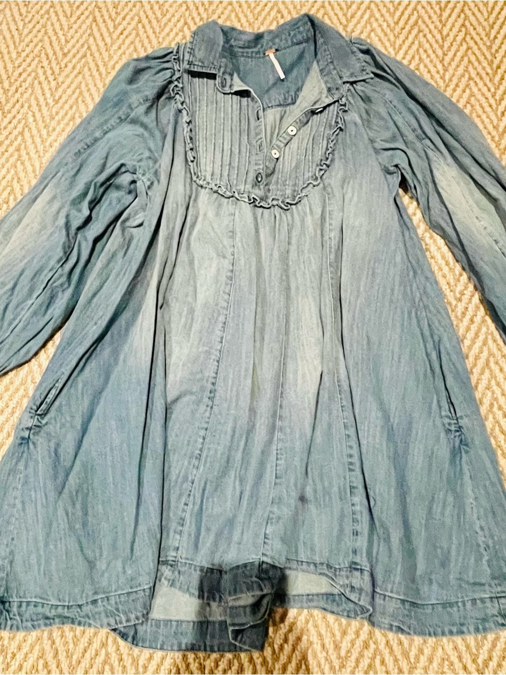 Free People Light Blue Denim Mini Dress with Pintuck Ruffle Yoke